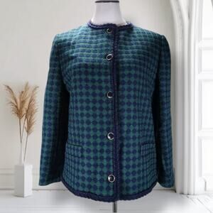 Vintage 90s Bleyle Wool Tweed Jacket 12 Green Blue Diamond Print Collared Blazer